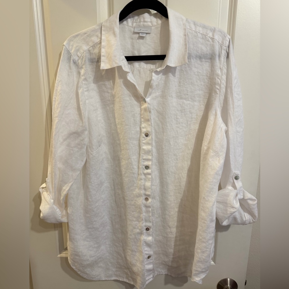 J Jill love linen lightweight long line button white shirt.
